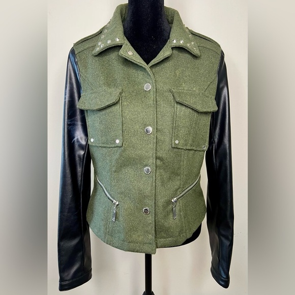 Jou Jou faux leather fleece military jacket punk festival studded medium EUC - Picture 2 of 11
